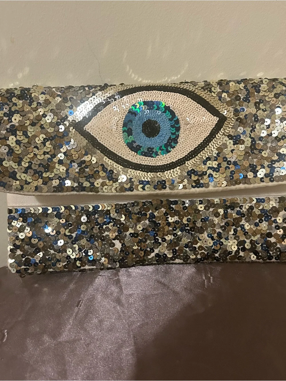 Evil Eye Fold-Over Cream Canvas Clutch W/Silver and Blue Sequins Crossbody strap
